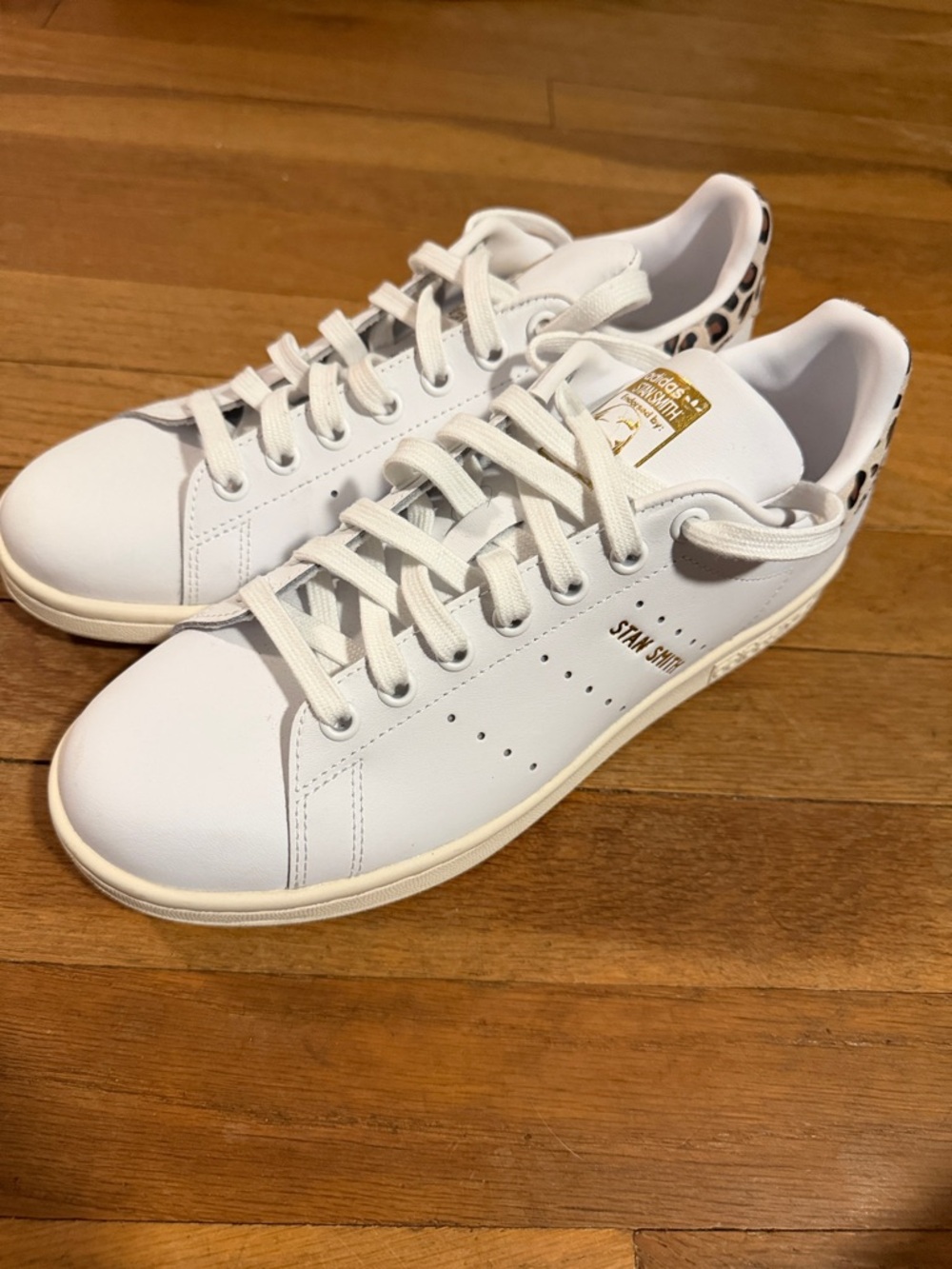 adidas White Leather Stan Smith Sneakers with Leopard-Print Heel Accent
